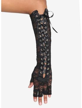 Black Lace-up Fingerless Arm Warmers, , hi-res