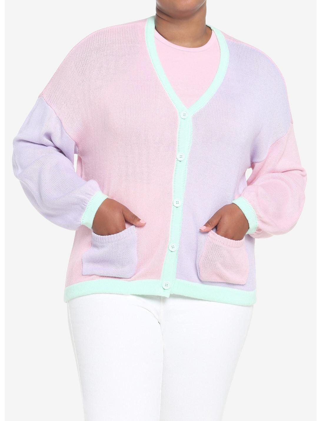 Pastel Pink & Lavender Color-Block Girls Cardigan Plus Size, MULTI, hi-res
