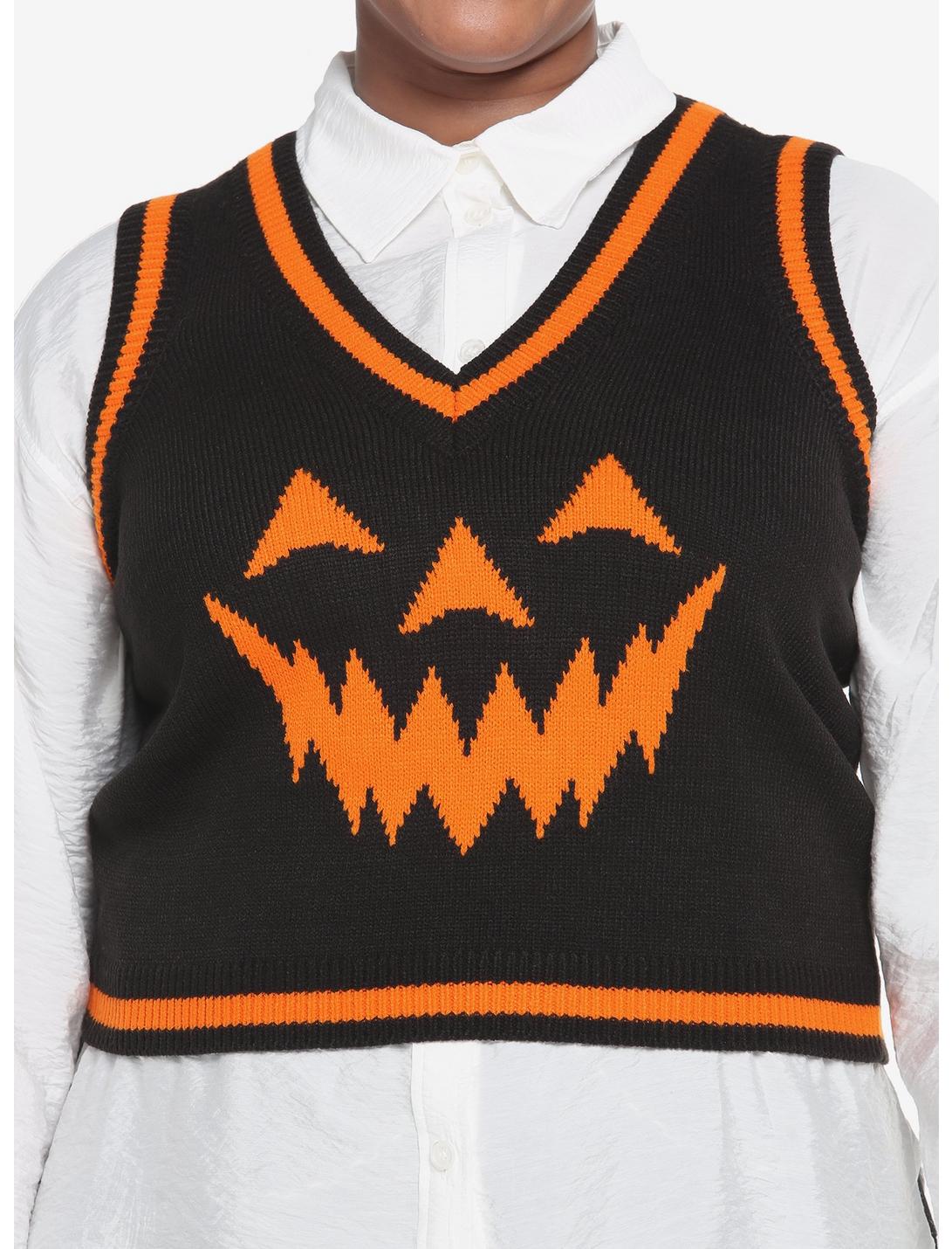 Black & Orange Pumpkin Girls Sweater Vest Plus Size, ORANGE, hi-res