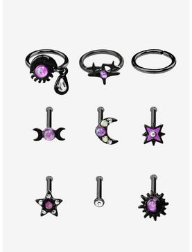 Steel Black & Purple Opal Celestial Nose Stud & Hoop 9 Pack, , hi-res