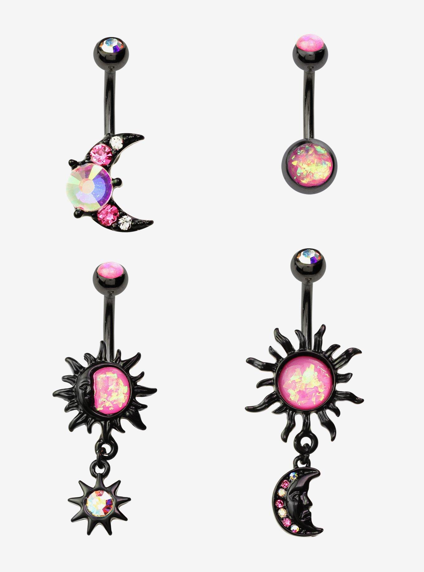14G Steel Black & Pink Opal Celestial Navel Barbell 4 Pack, , hi-res