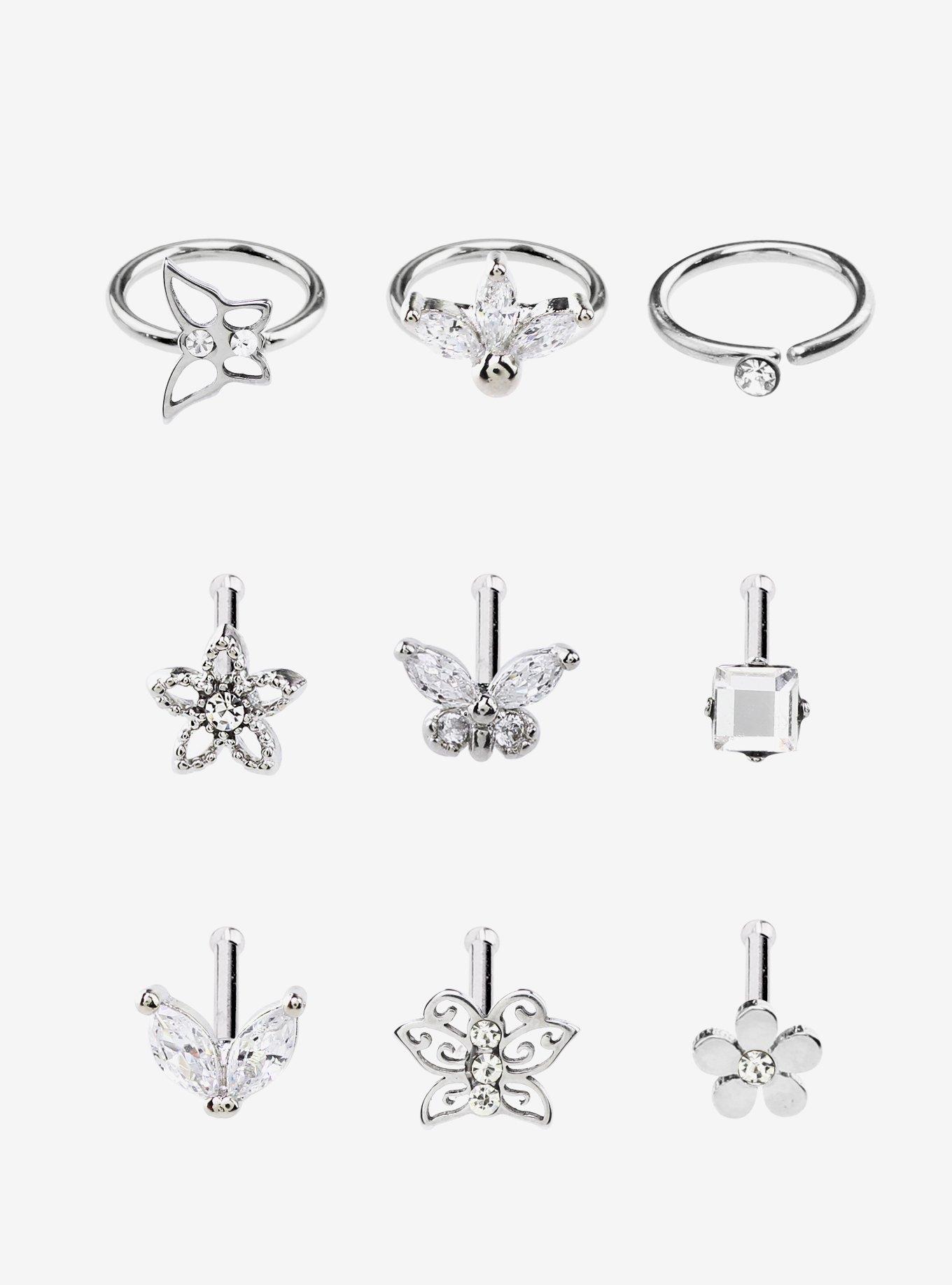 Steel Silver Butterfly Flower Nose Stud & Hoop 9 Pack, SILVER, hi-res