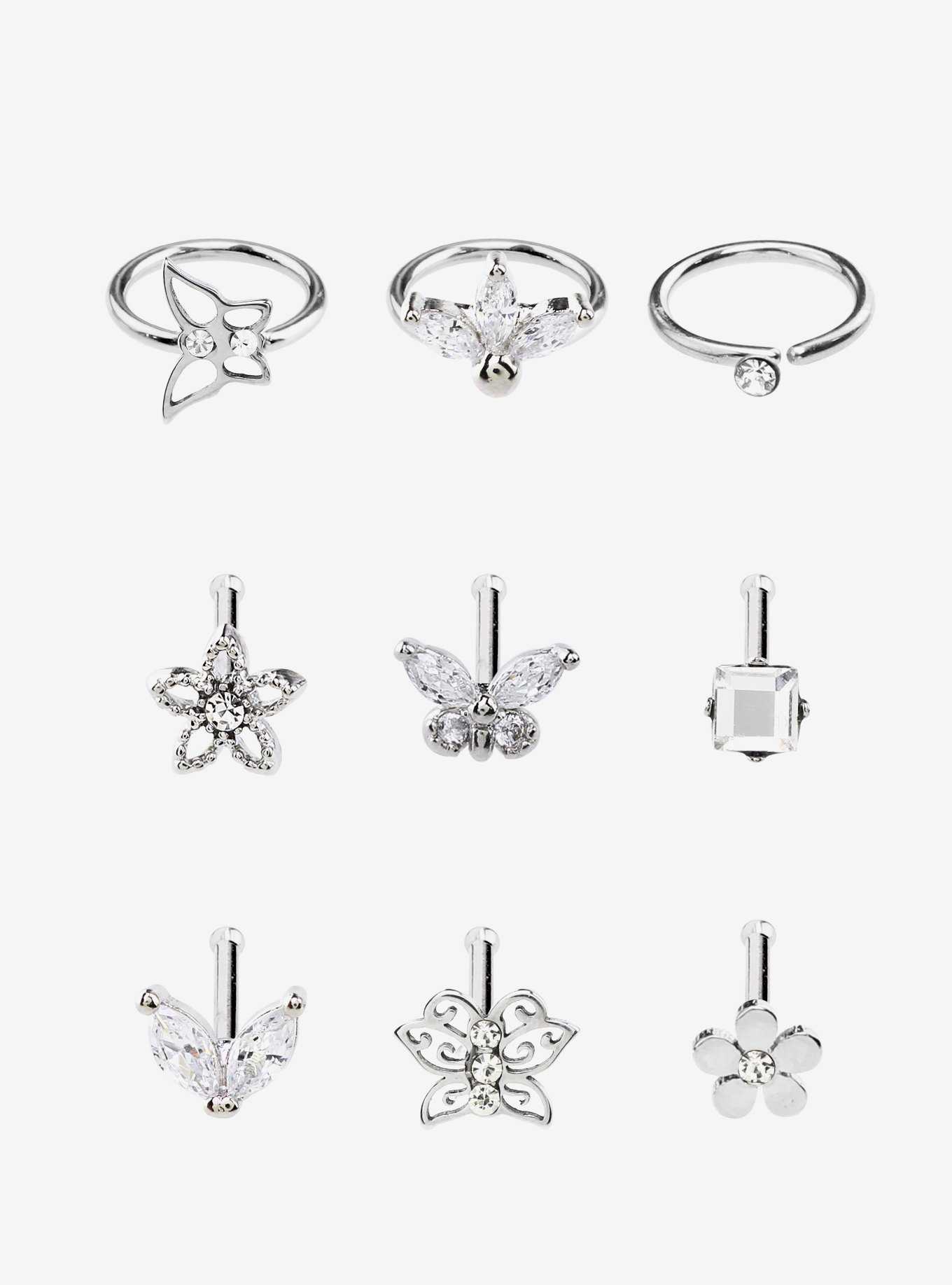 Steel Silver Butterfly Flower Nose Stud & Hoop 9 Pack, , hi-res