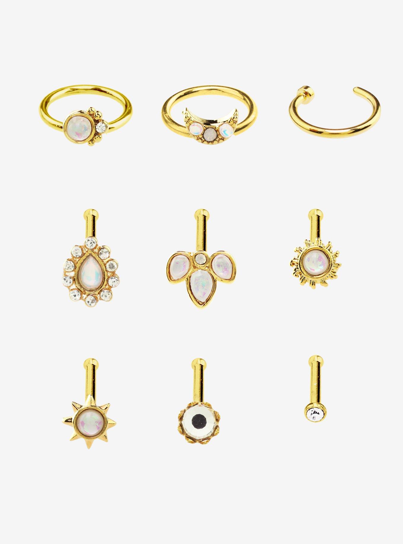 Steel Gold Ornate Gem Nose Stud & Hoop 9 Pack, , hi-res