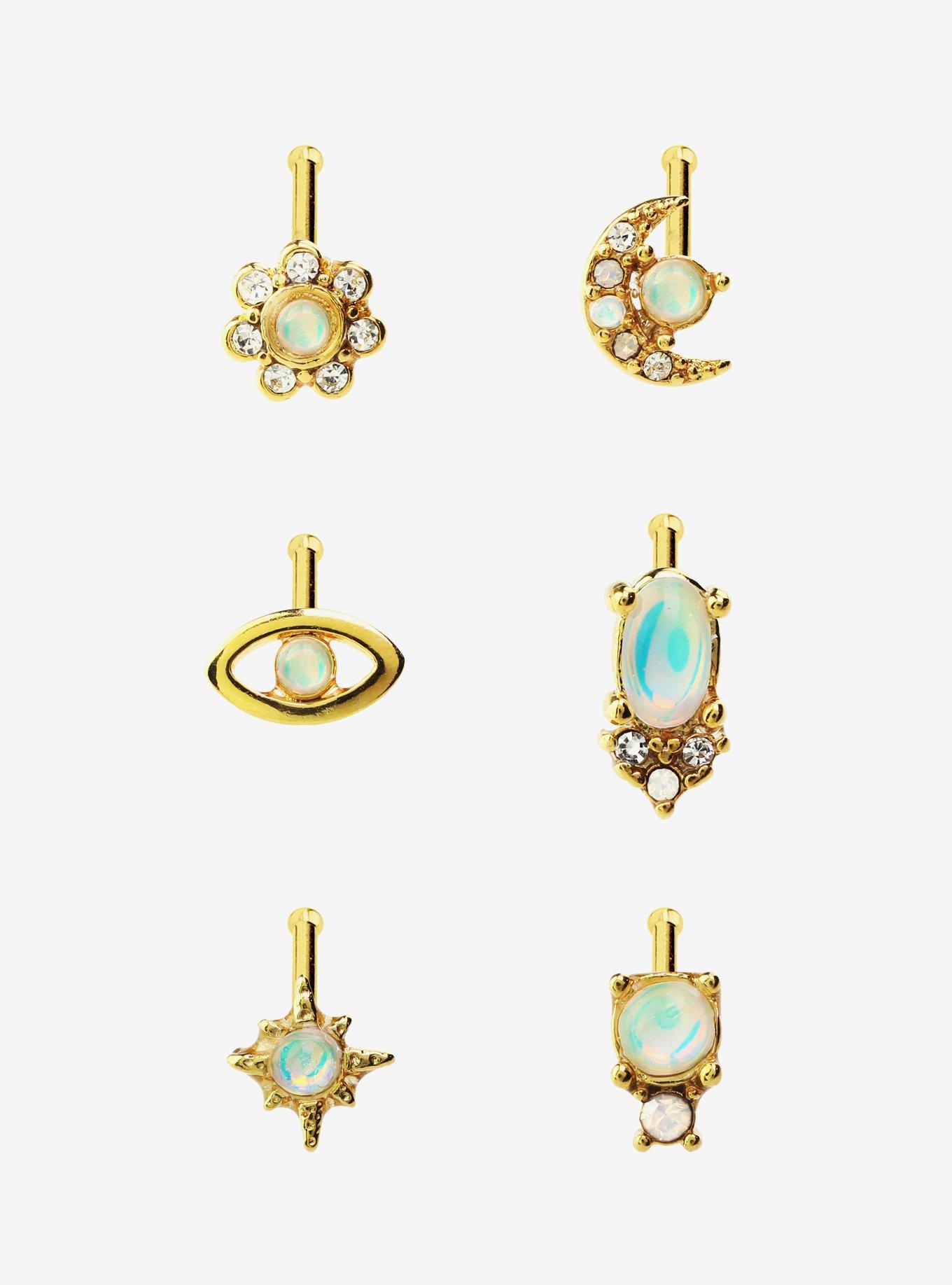 Steel Gold Opal Moon Nose Stud 6 Pack, GOLD, hi-res