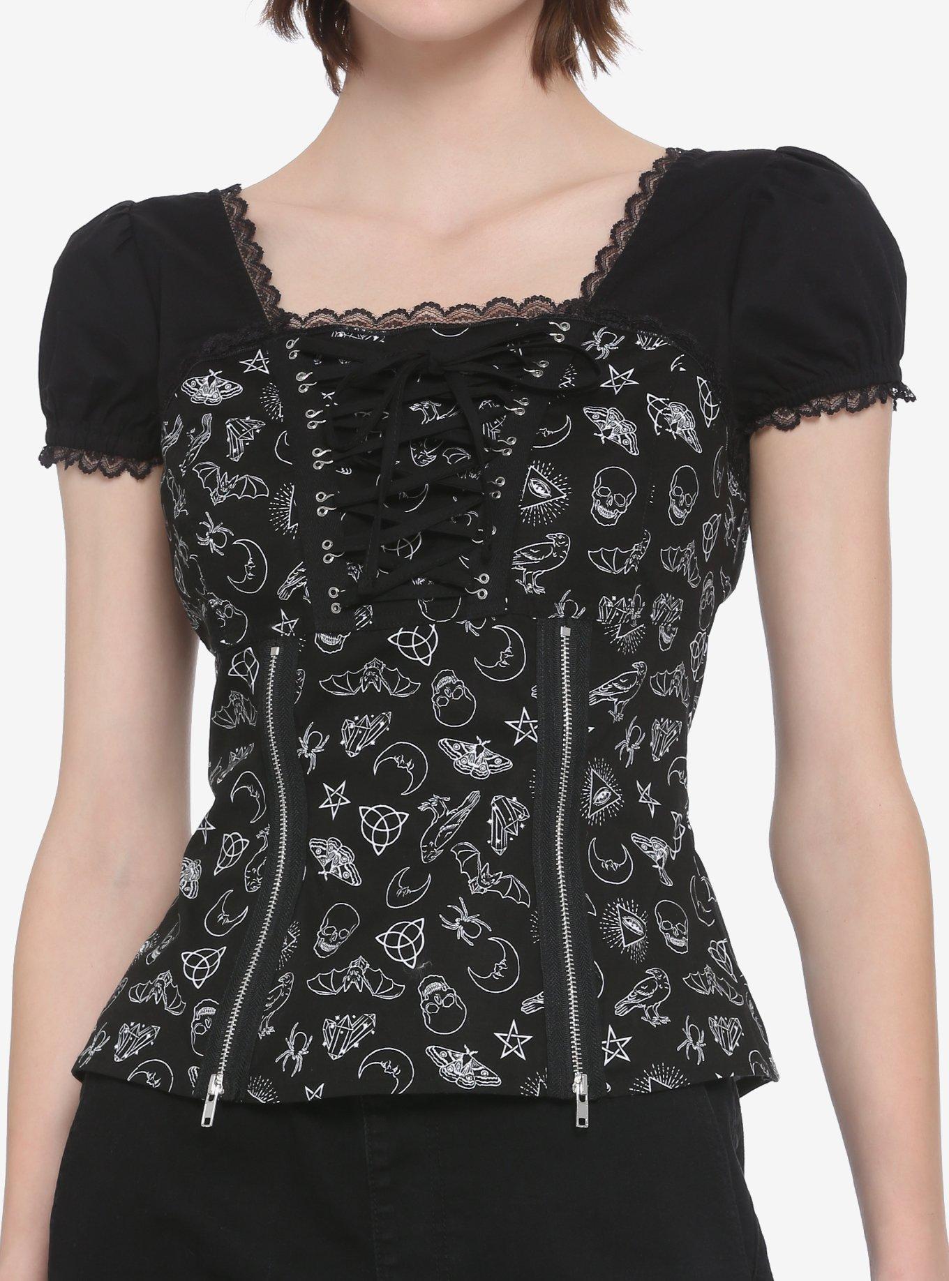 Black & White Magic Symbols Zipper & Lacing Girls Top, BLACK, hi-res