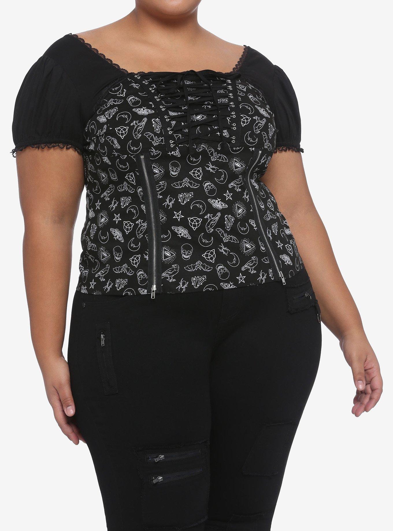 Black & White Magic Symbols Zipper & Lacing Girls Top Plus Size, BLACK, hi-res