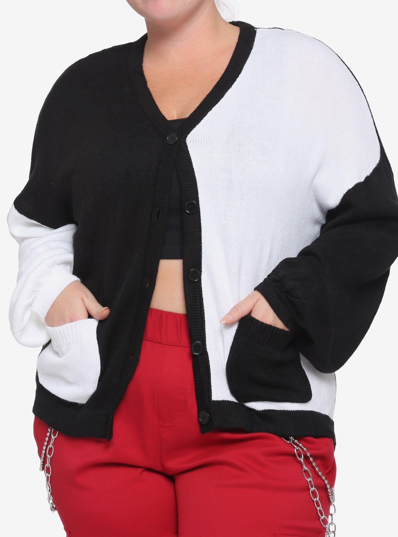 Black & White Split Boyfriend Fit Girls Cardigan Plus Size, BLACK, hi-res