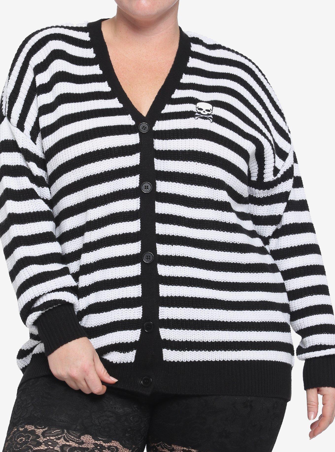 Black & White Stripe Skull Girls Cardigan Plus Size, STRIPE-BLACK WHITE, hi-res