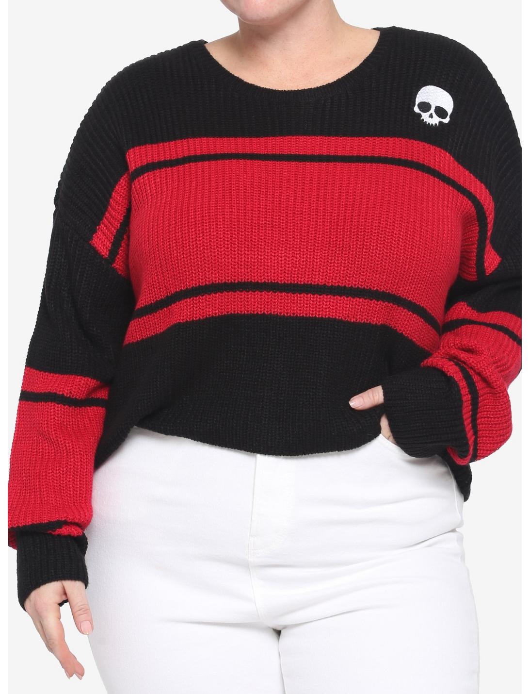 Black & Red Stripe Skull Girls Crop Sweater Plus Size, STRIPES - RED, hi-res