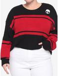 Black & Red Stripe Skull Girls Crop Sweater Plus Size, STRIPES - RED, hi-res