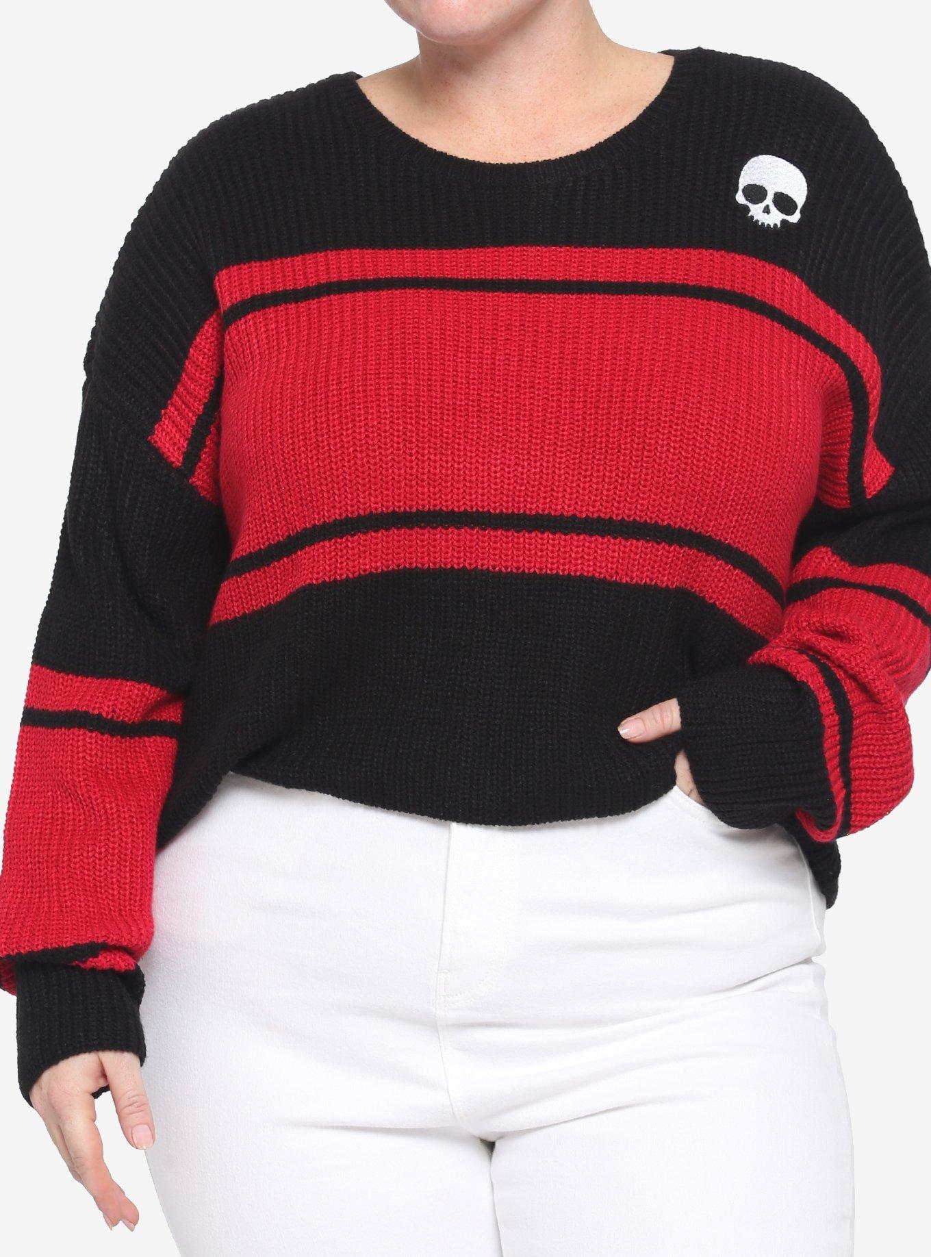 Black & Red Stripe Skull Girls Crop Sweater Plus Size, STRIPES - RED, hi-res