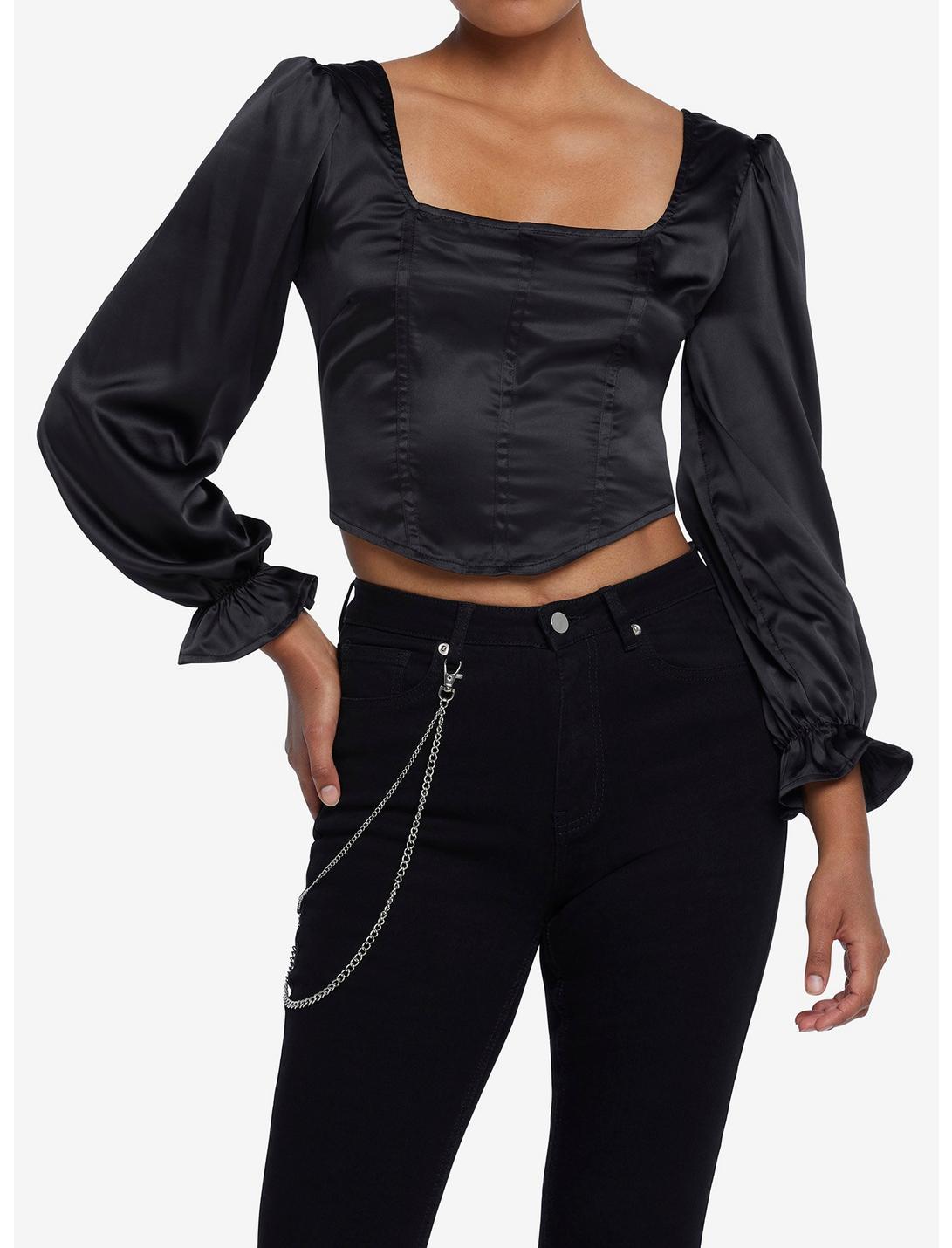 Black Corset Girls Crop Long-Sleeve Top