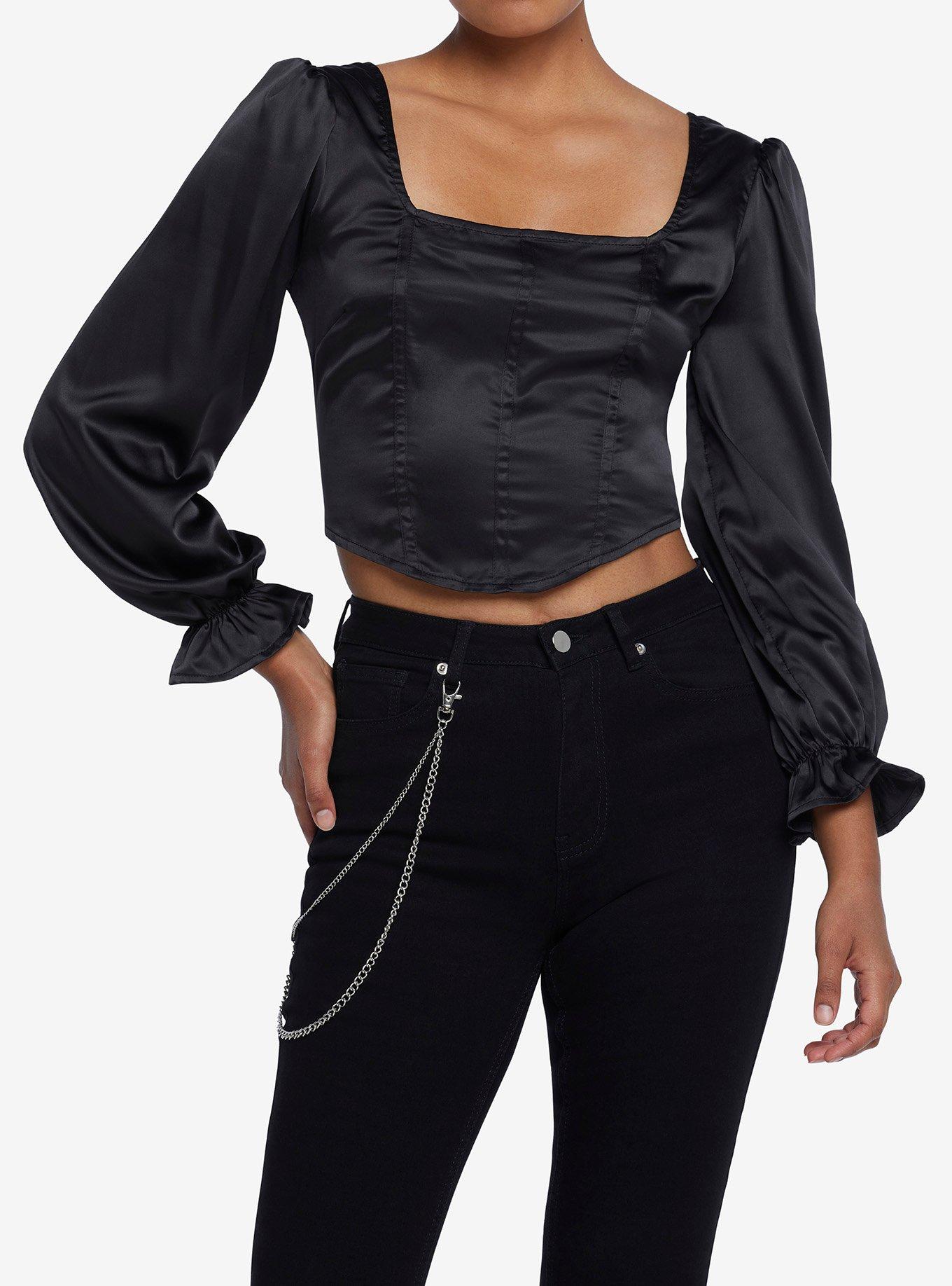 Black Corset Girls Crop Long-Sleeve Top