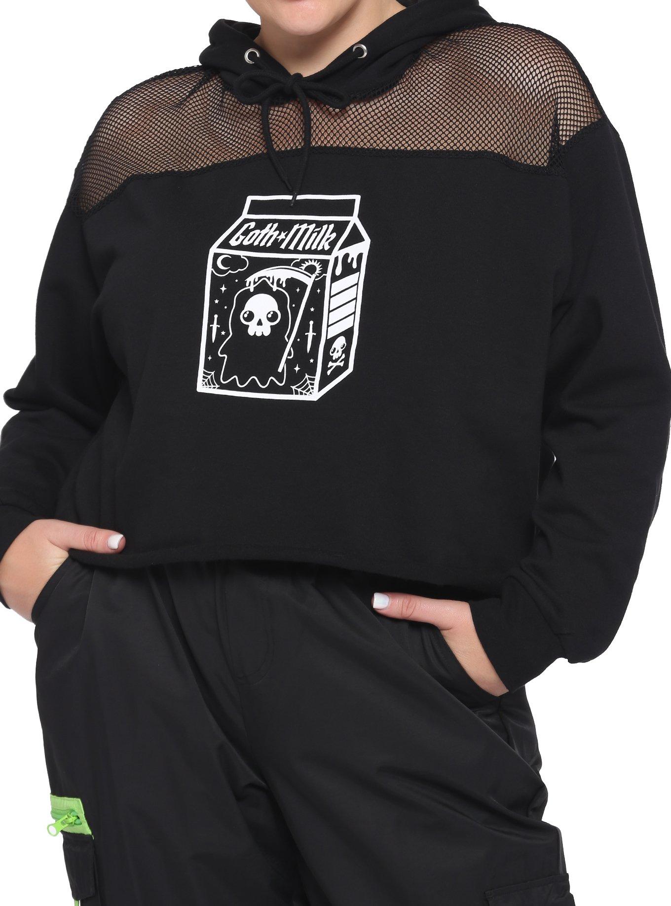 Goth Milk Mesh Girls Crop Hoodie Plus Size, BLACK, hi-res