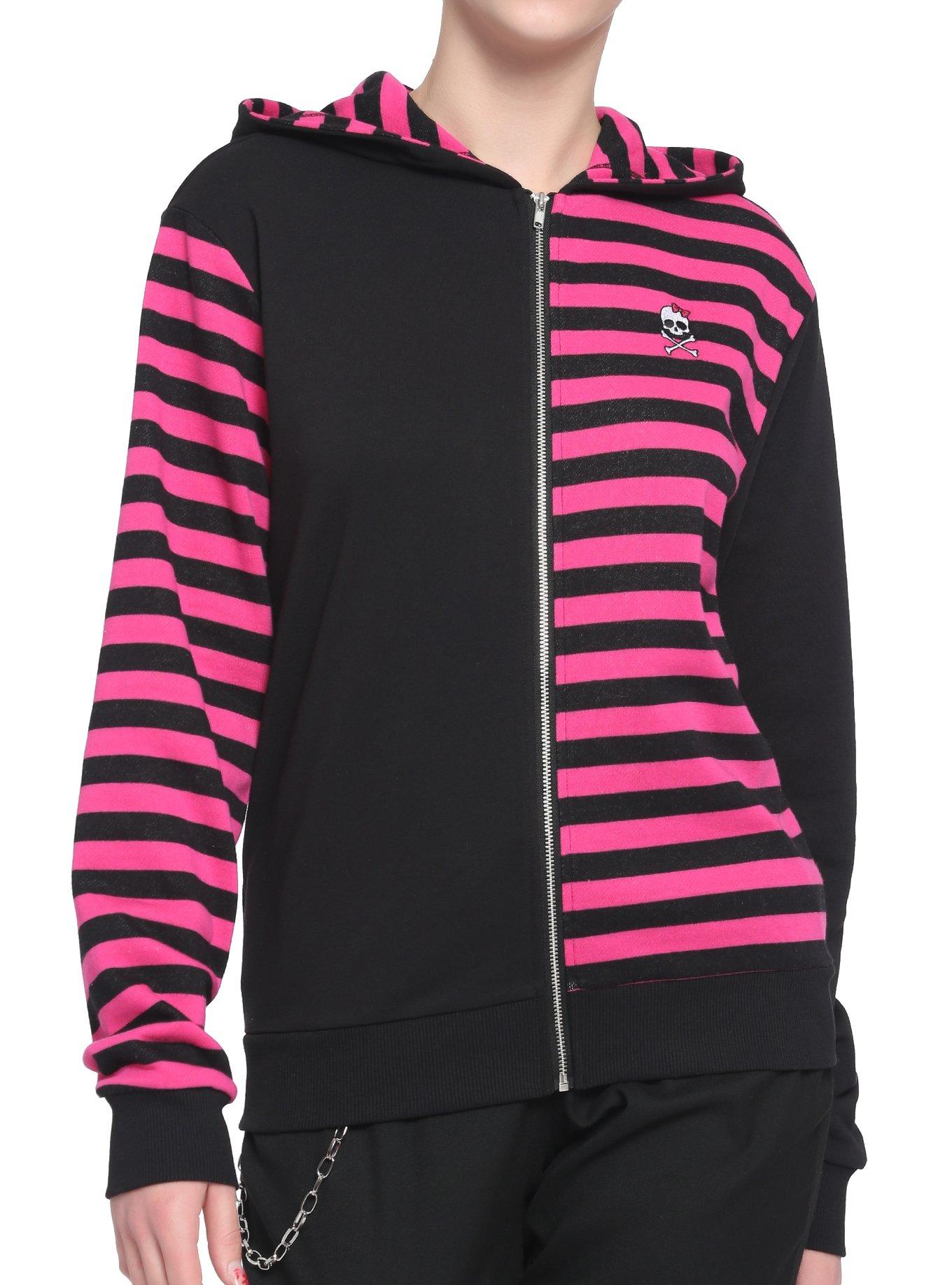 Pink & Black Stripe Split Girls Hoodie, STRIPE-PINK, hi-res