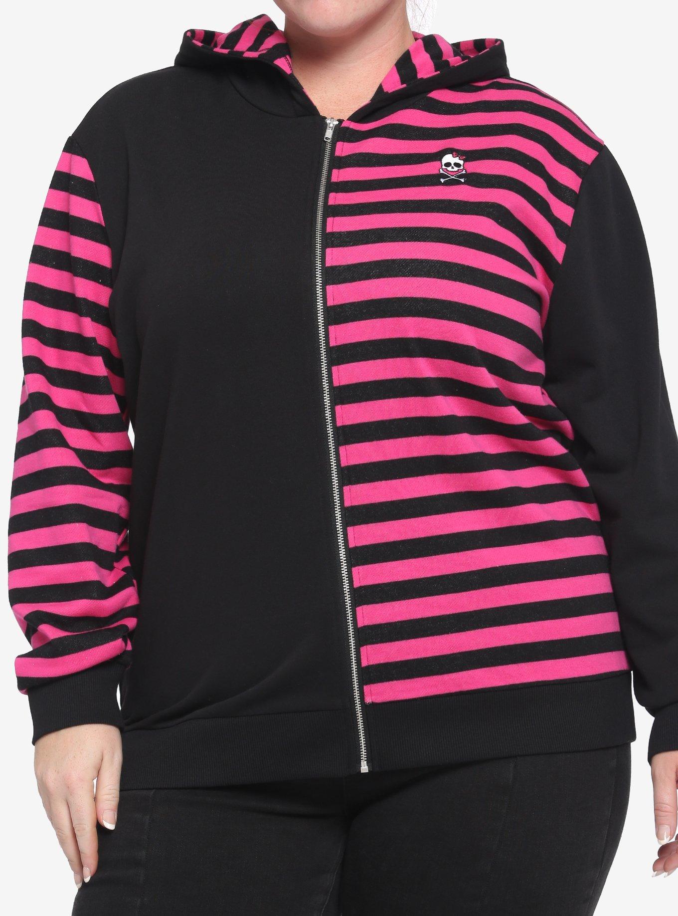 Pink & Black Stripe Split Girls Hoodie Plus Size | Hot Topic