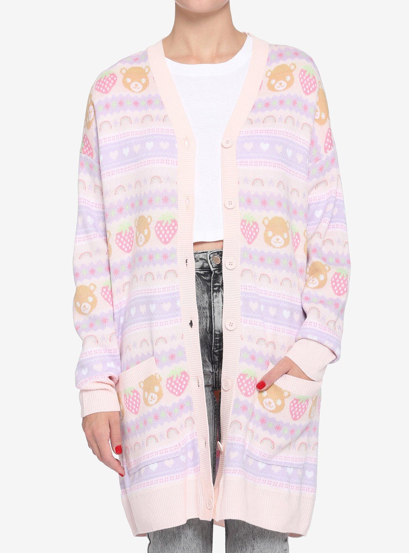 Pastel Teddy Bear & Strawberries Girls Oversized Cardigan, MULTI, hi-res