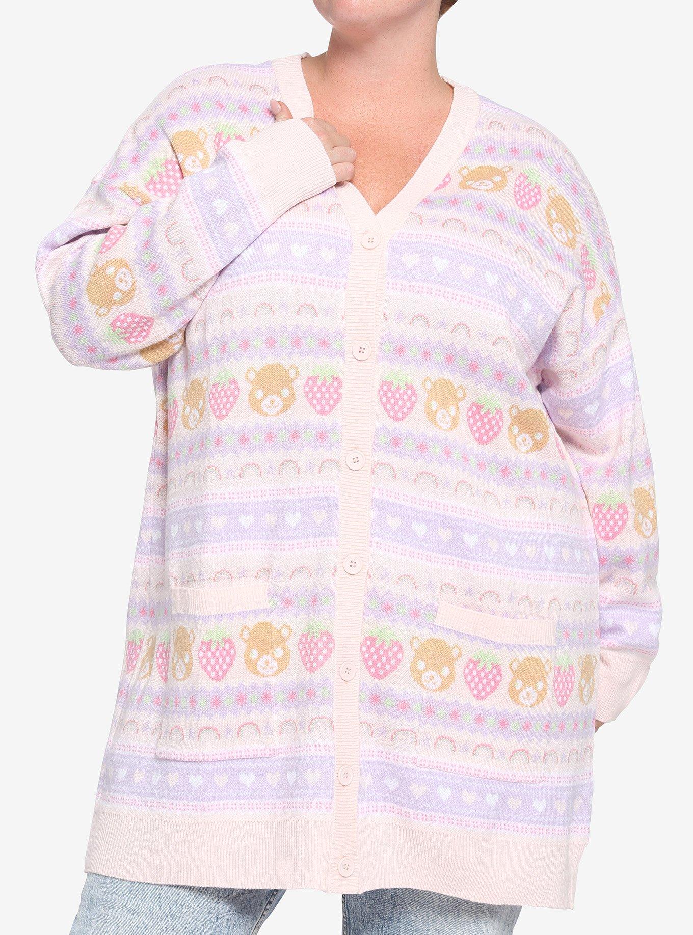 Pastel Teddy Bear & Strawberries Girls Oversized Cardigan Plus Size, MULTI, hi-res