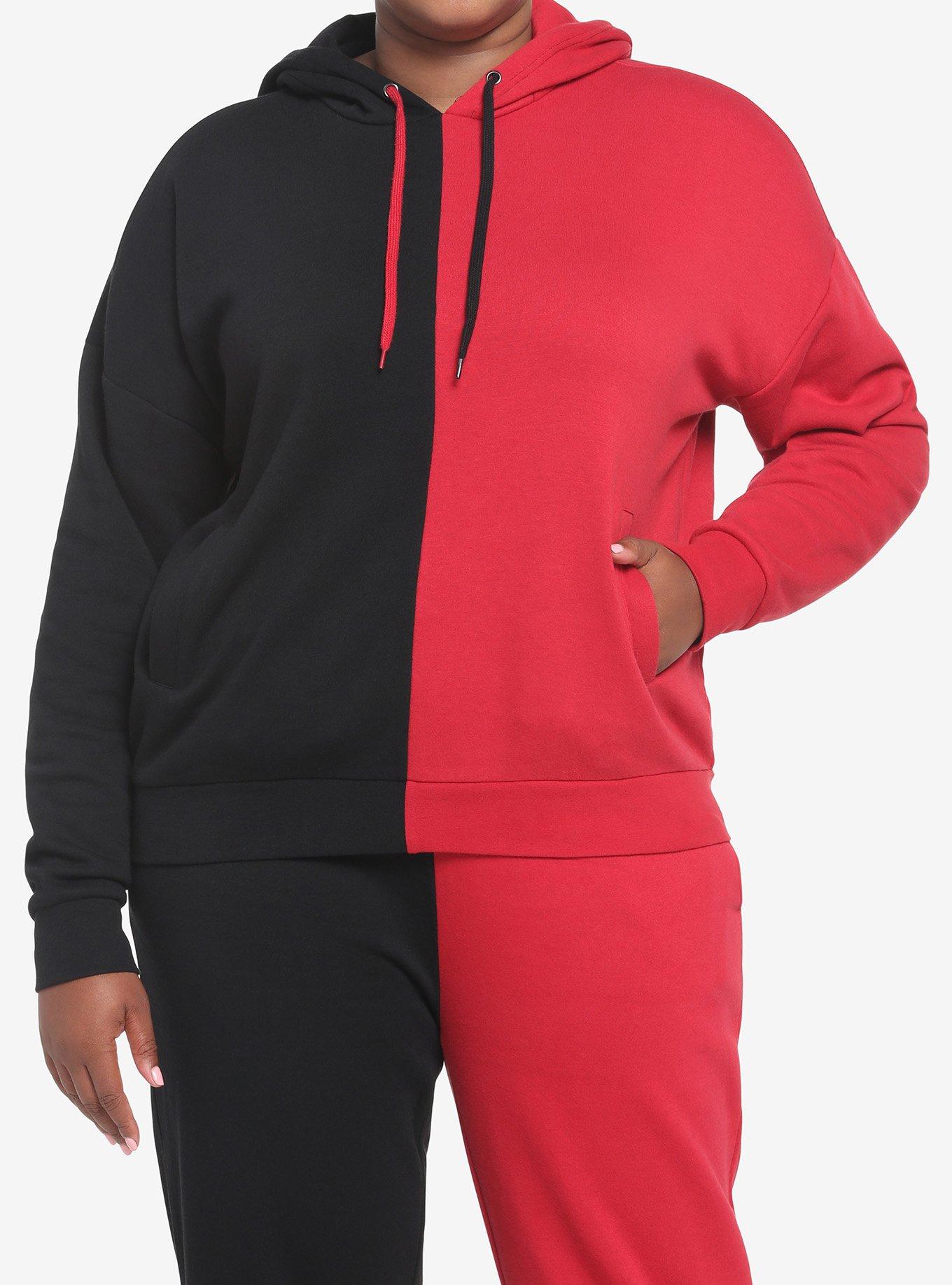 Red & Black Horns Split Girls Hoodie Plus Size, RED, hi-res