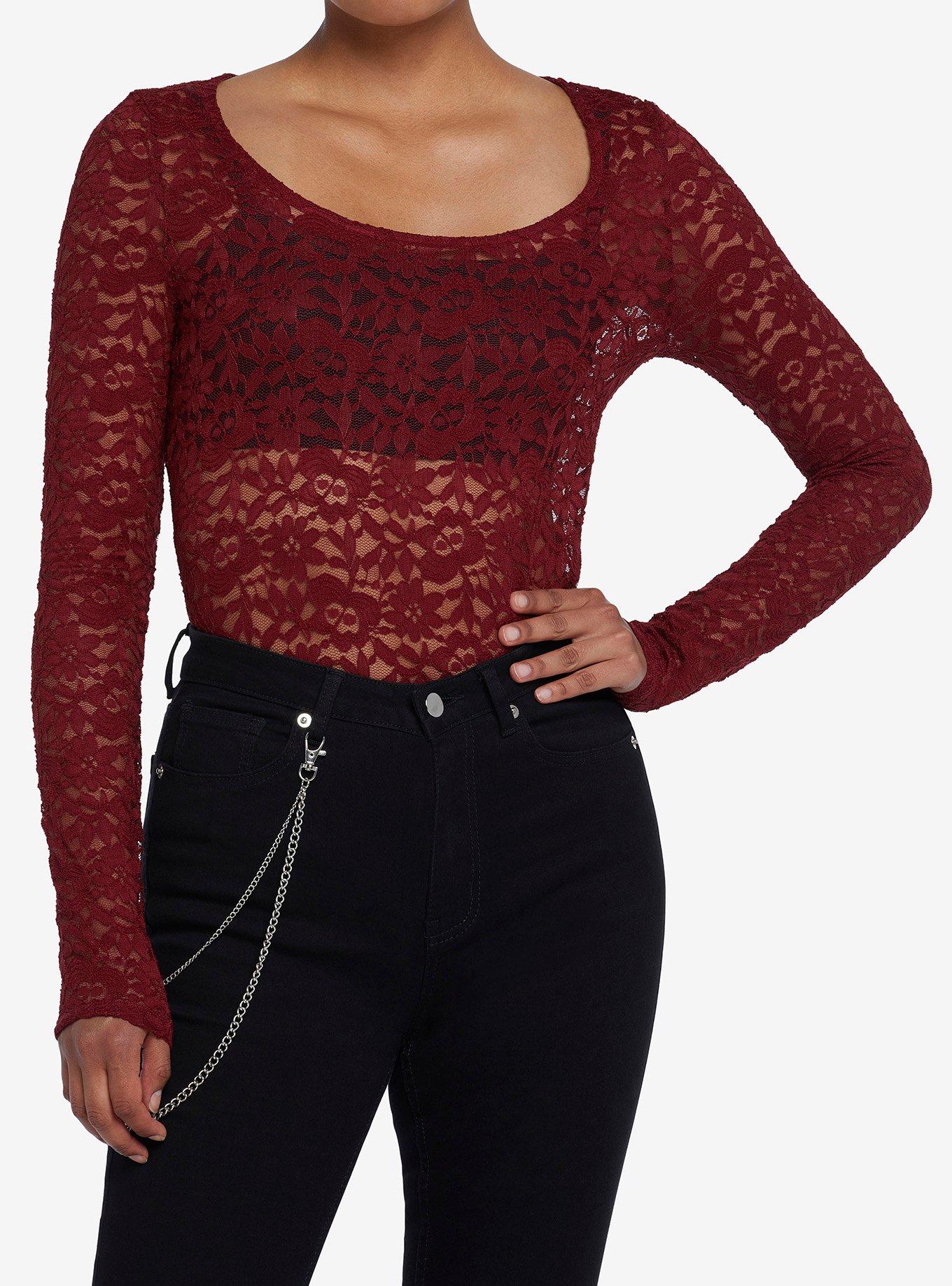 Burgundy Lace Long-Sleeve Top, BURGUNDY, hi-res
