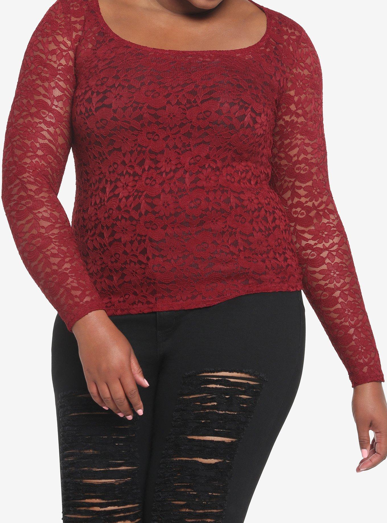 Burgundy Lace Long-Sleeve Top Plus Size, BURGUNDY, hi-res