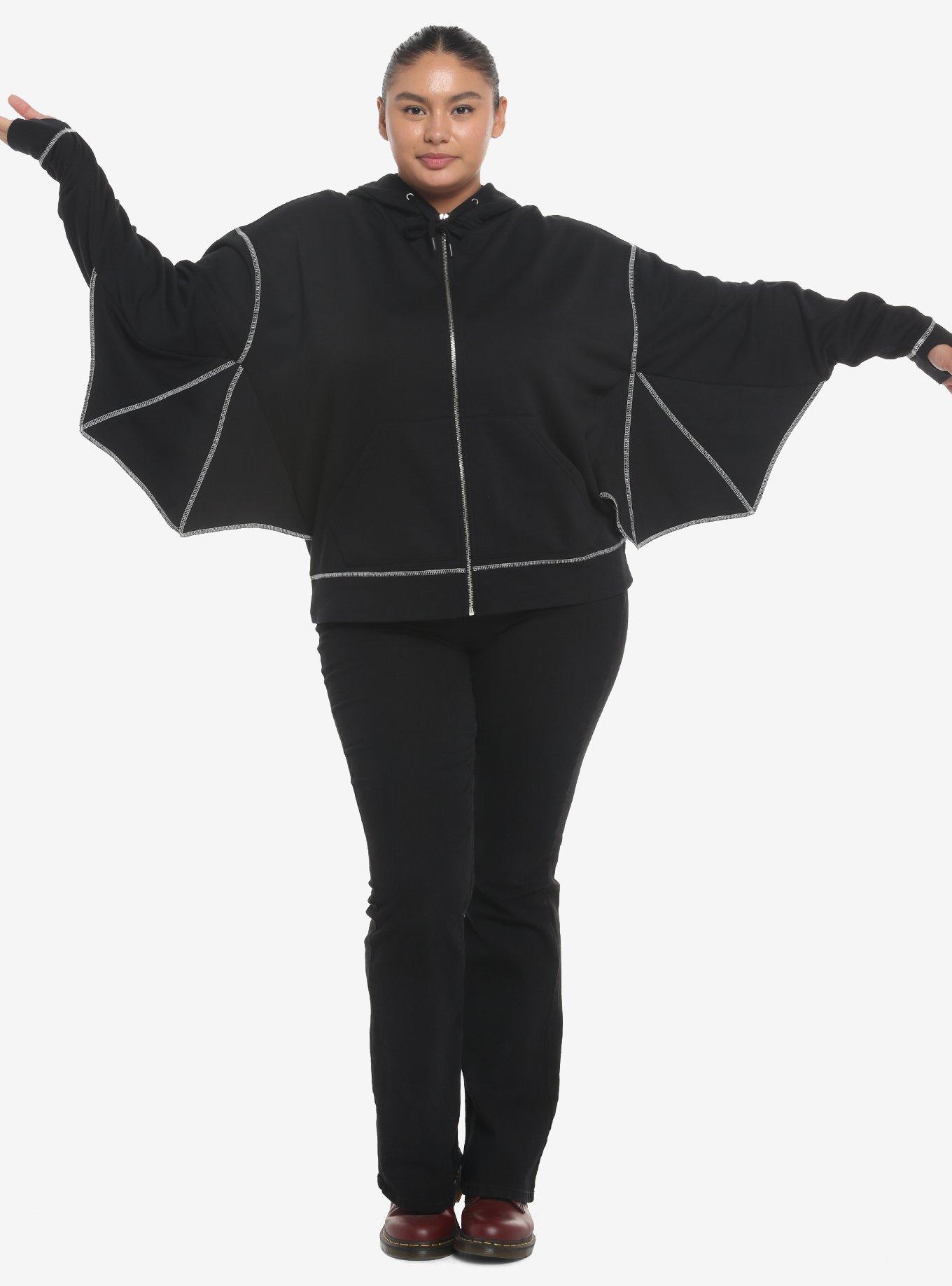 Black Bat Wing Hoodie Plus Size, DEEP BLACK, hi-res