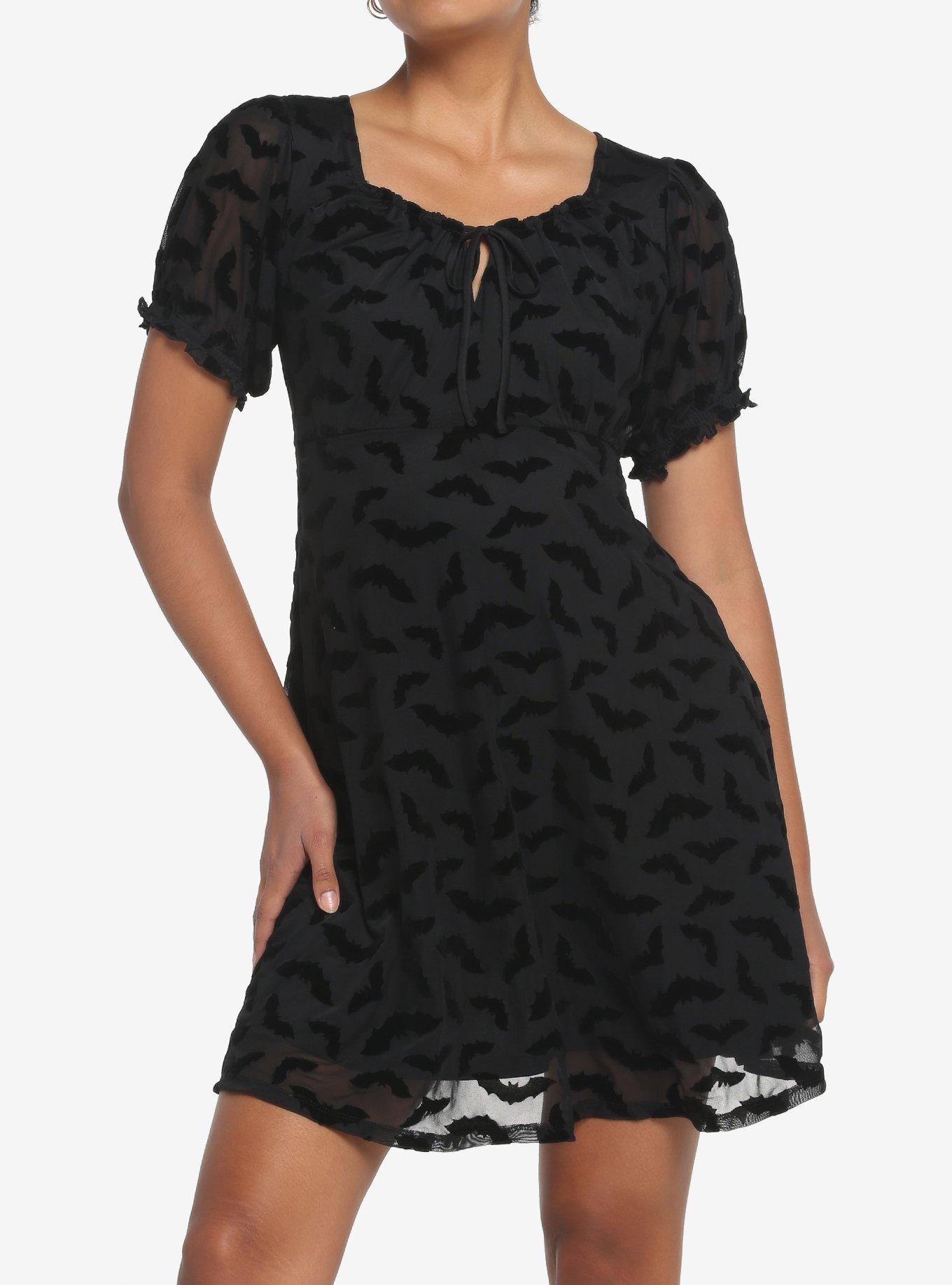 Black Flocked Bats Babydoll Dress, DEEP BLACK, hi-res