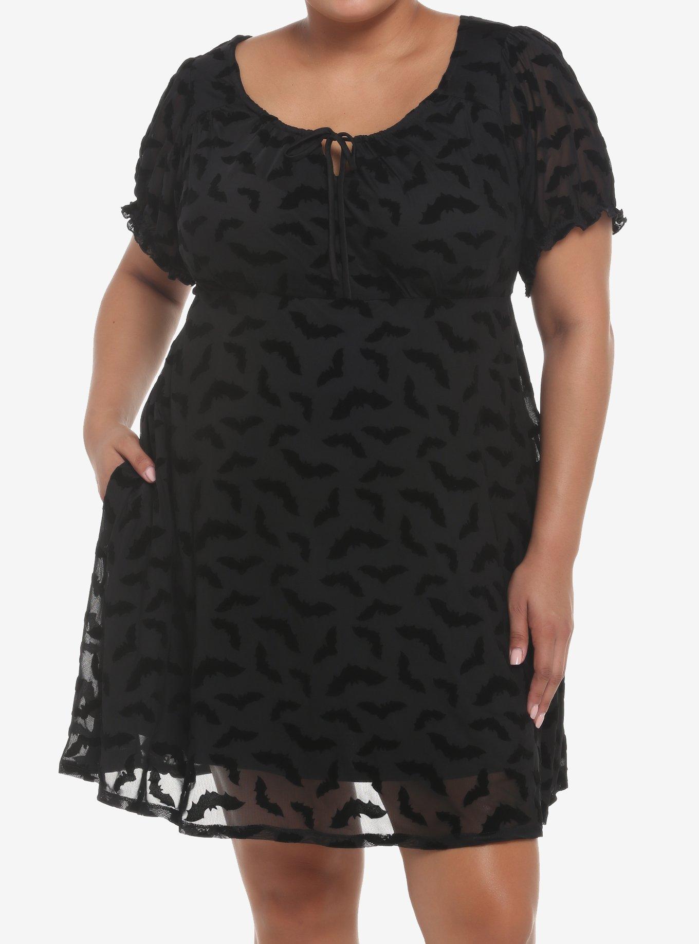 Black Flocked Bats Babydoll Dress Plus Size, DEEP BLACK, hi-res