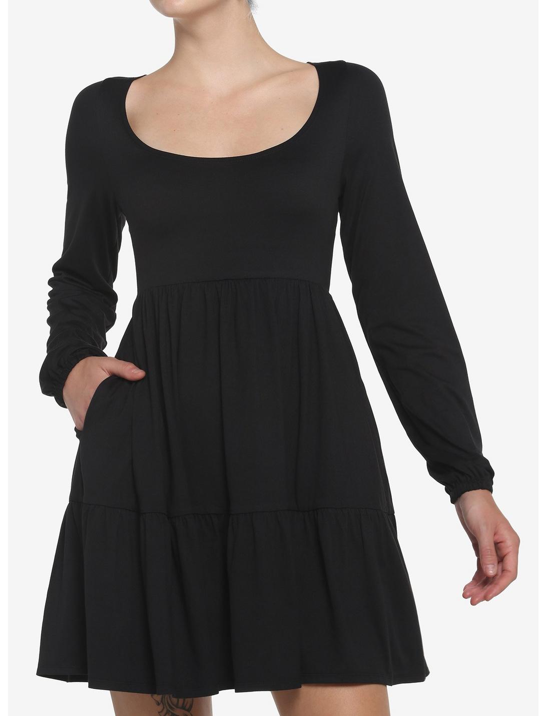 Black Tiered Long-Sleeve Dress, DEEP BLACK, hi-res