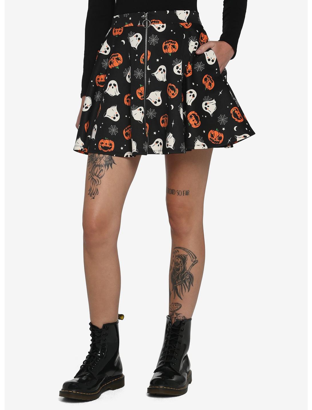 Pumpkin Ghost & Web Zipper Skirt, MULTI, hi-res