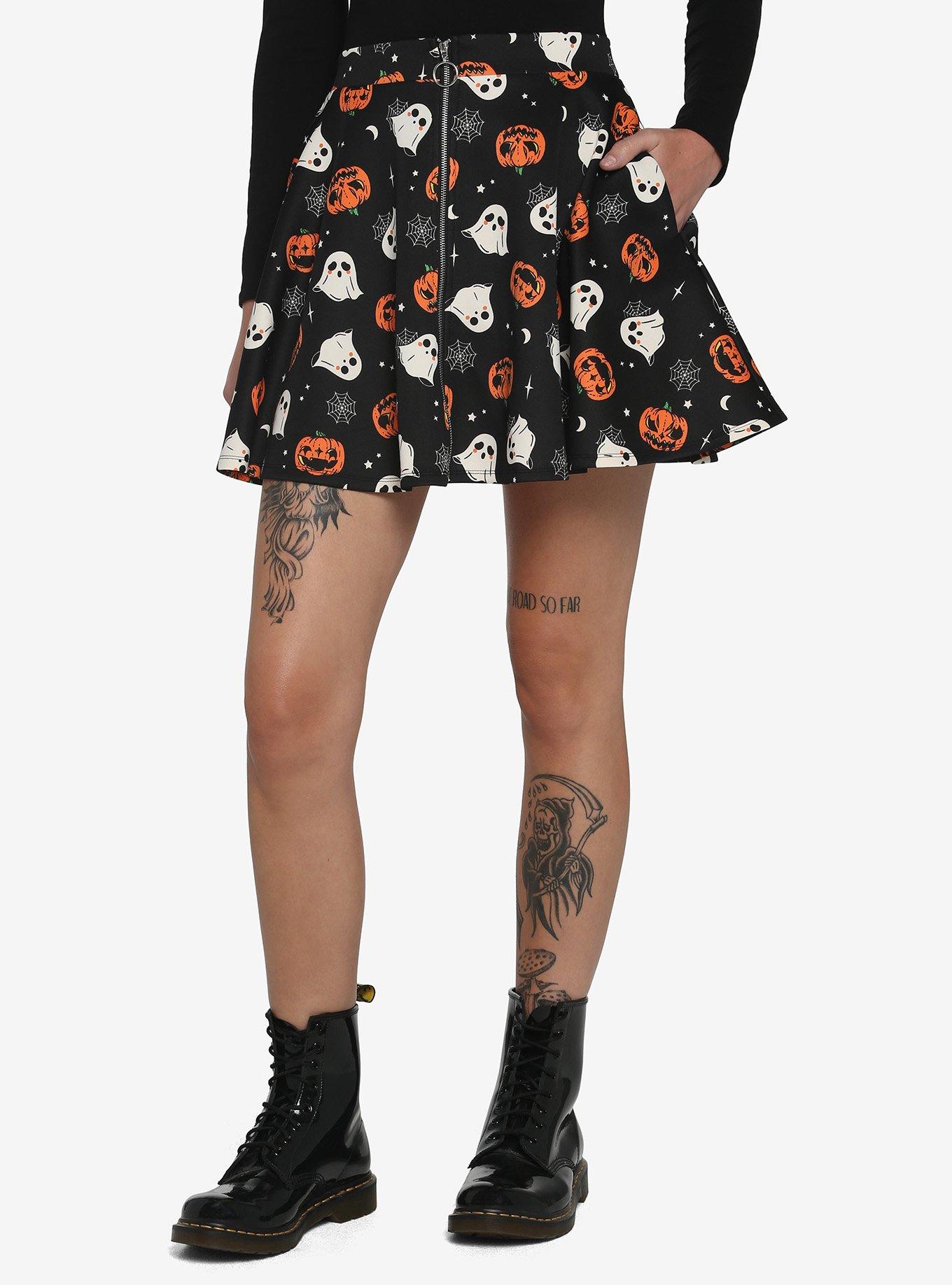 Pumpkin Ghost & Web Zipper Skirt, MULTI, hi-res