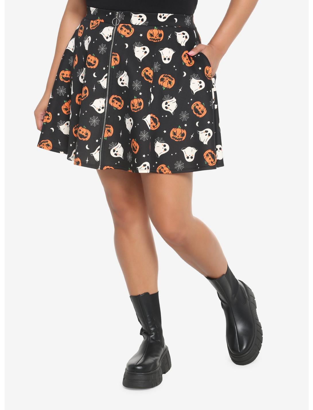 Pumpkin Ghost & Web Zipper Skirt Plus Size, MULTI, hi-res