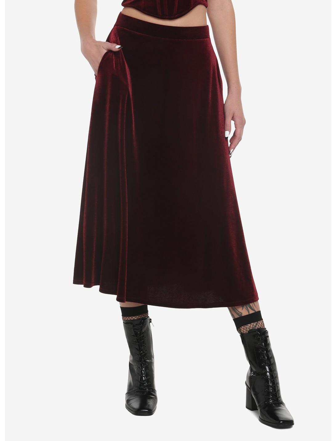 Burgundy Velvet Maxi Skirt, BLACK  RED, hi-res