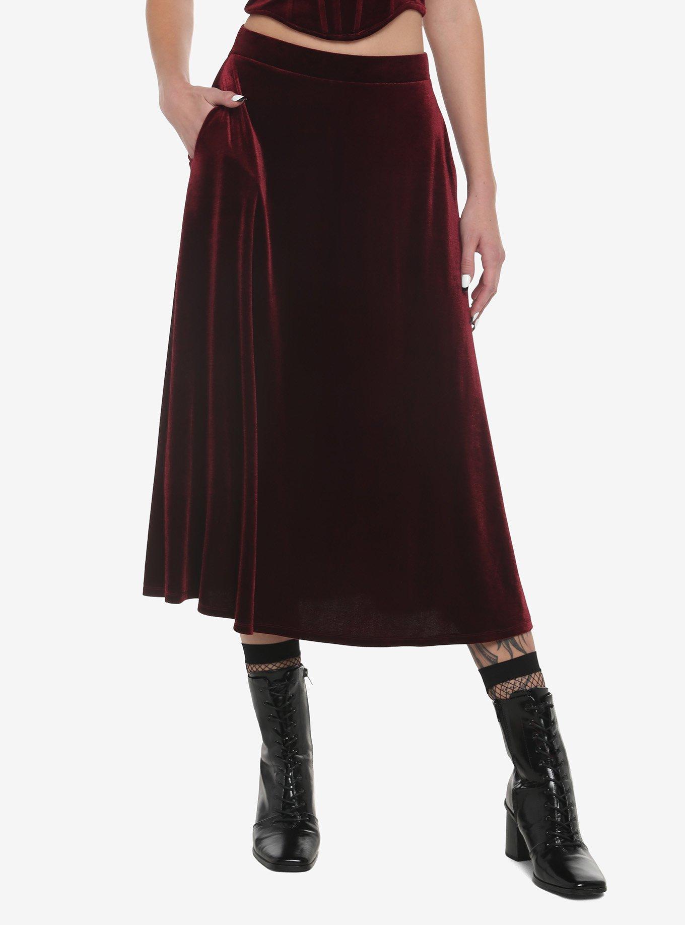 Burgundy Velvet Maxi Skirt, BLACK  RED, hi-res