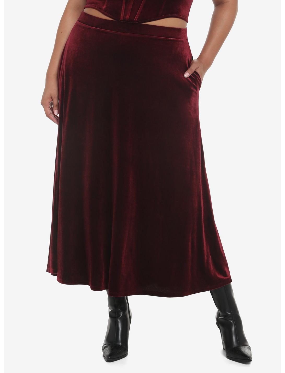 Burgundy Velvet Maxi Skirt Plus Size, BLACK  RED, hi-res