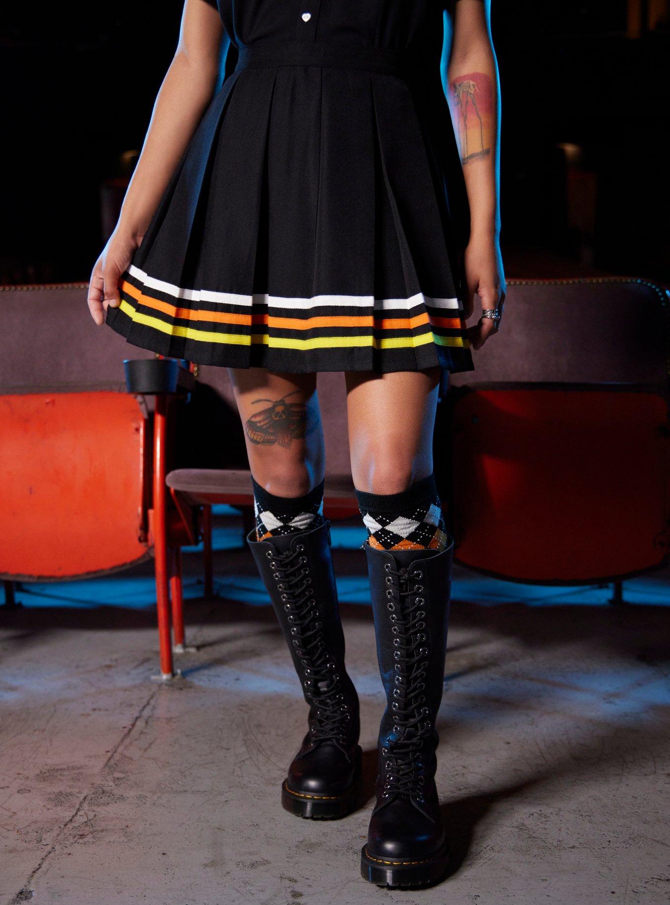 Candy Corn Stripe Pleated Skirt, BLACK, hi-res