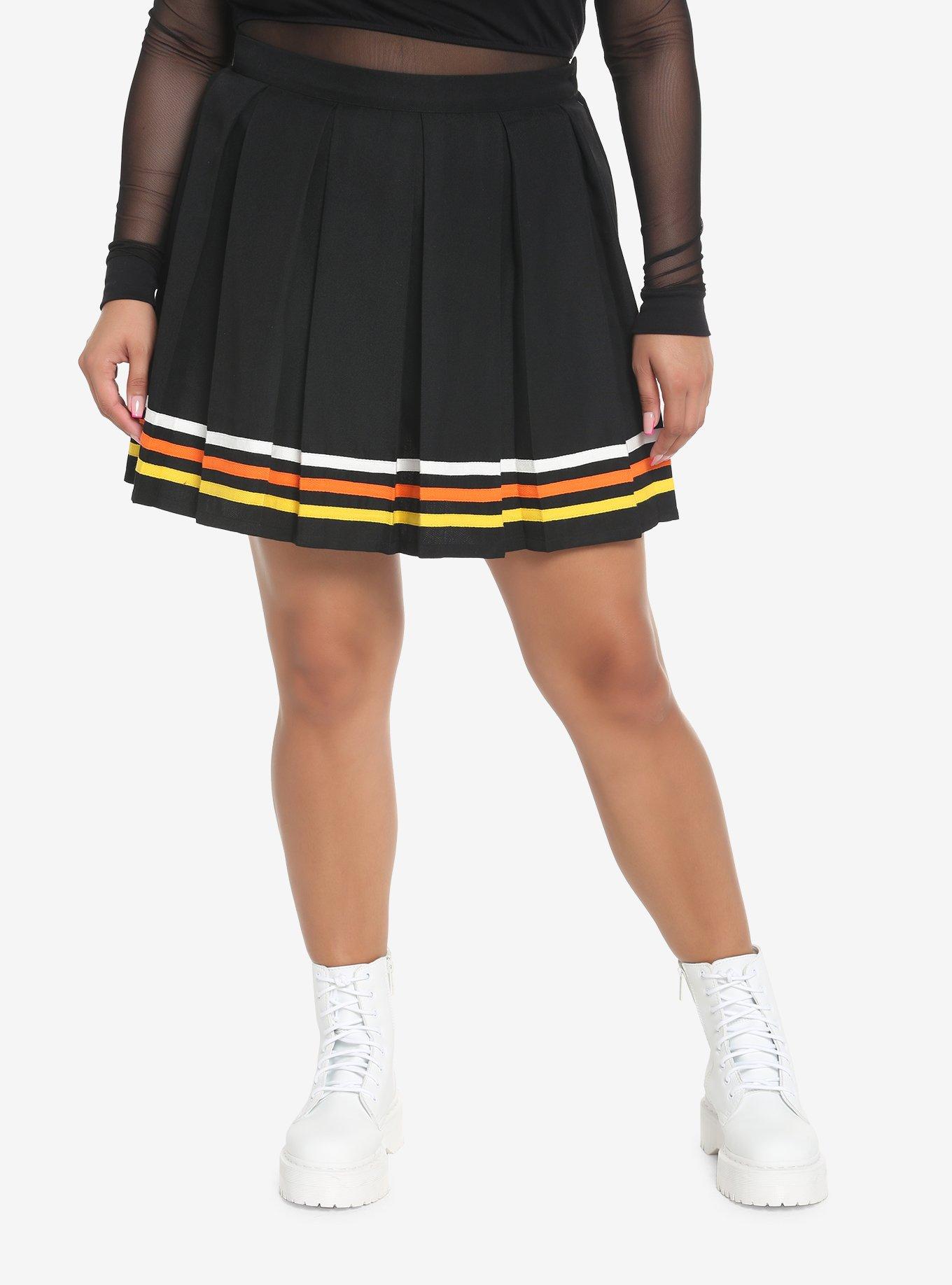 Candy Corn Stripe Pleated Skirt Plus Size, BLACK, hi-res