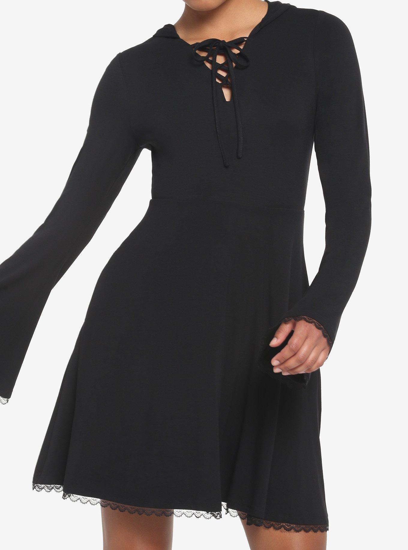 Black Lace-Up Front Hooded Dress, DEEP BLACK, hi-res