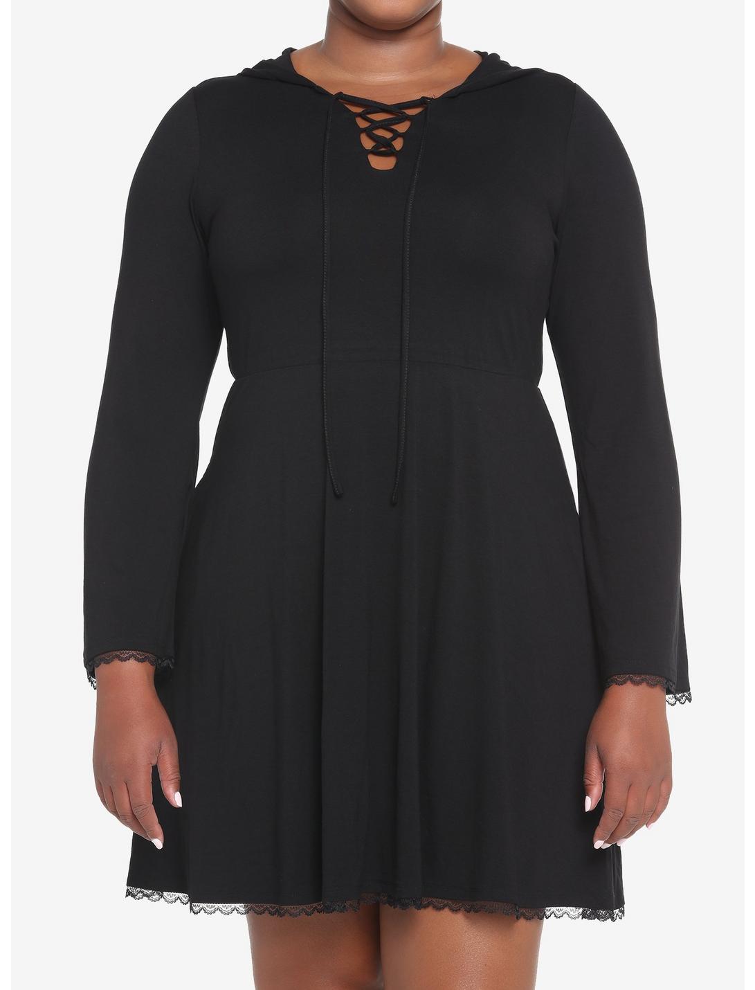Black Lace-Up Front Hooded Dress Plus Size, DEEP BLACK, hi-res