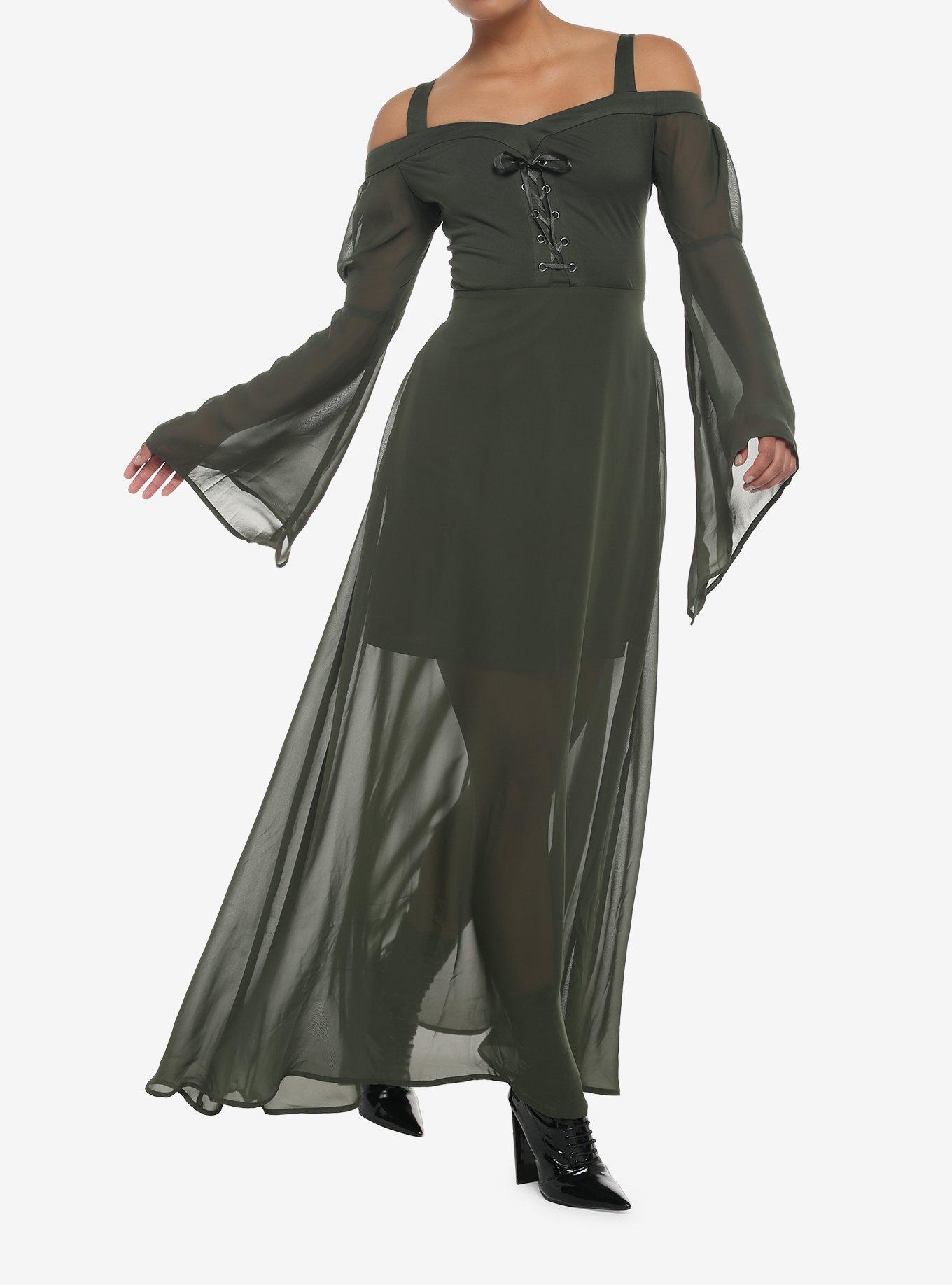 Forest Green Chiffon Cold Shoulder Maxi Dress, OLIVE, hi-res