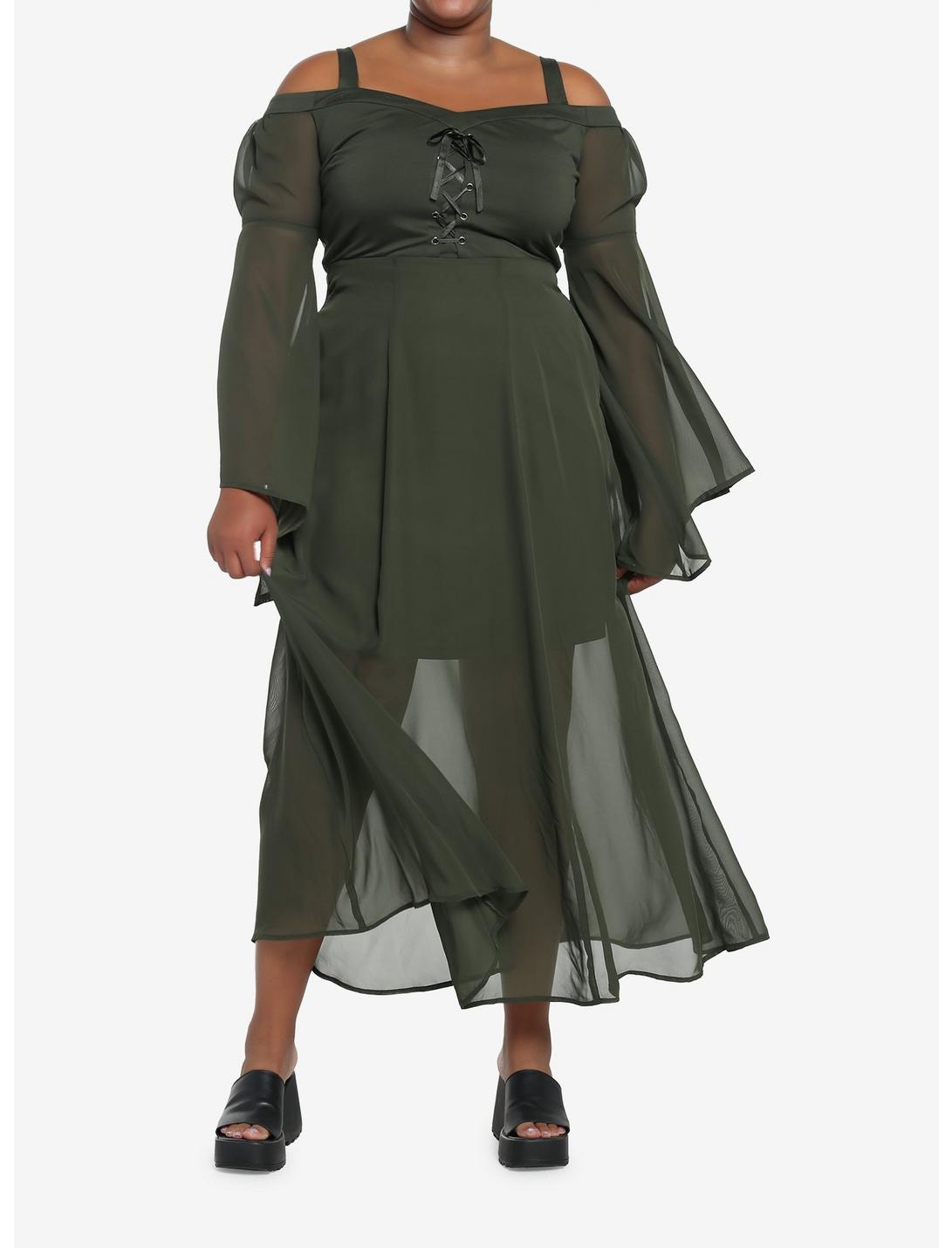Forest Green Chiffon Cold Shoulder Maxi Dress Plus Size, OLIVE, hi-res
