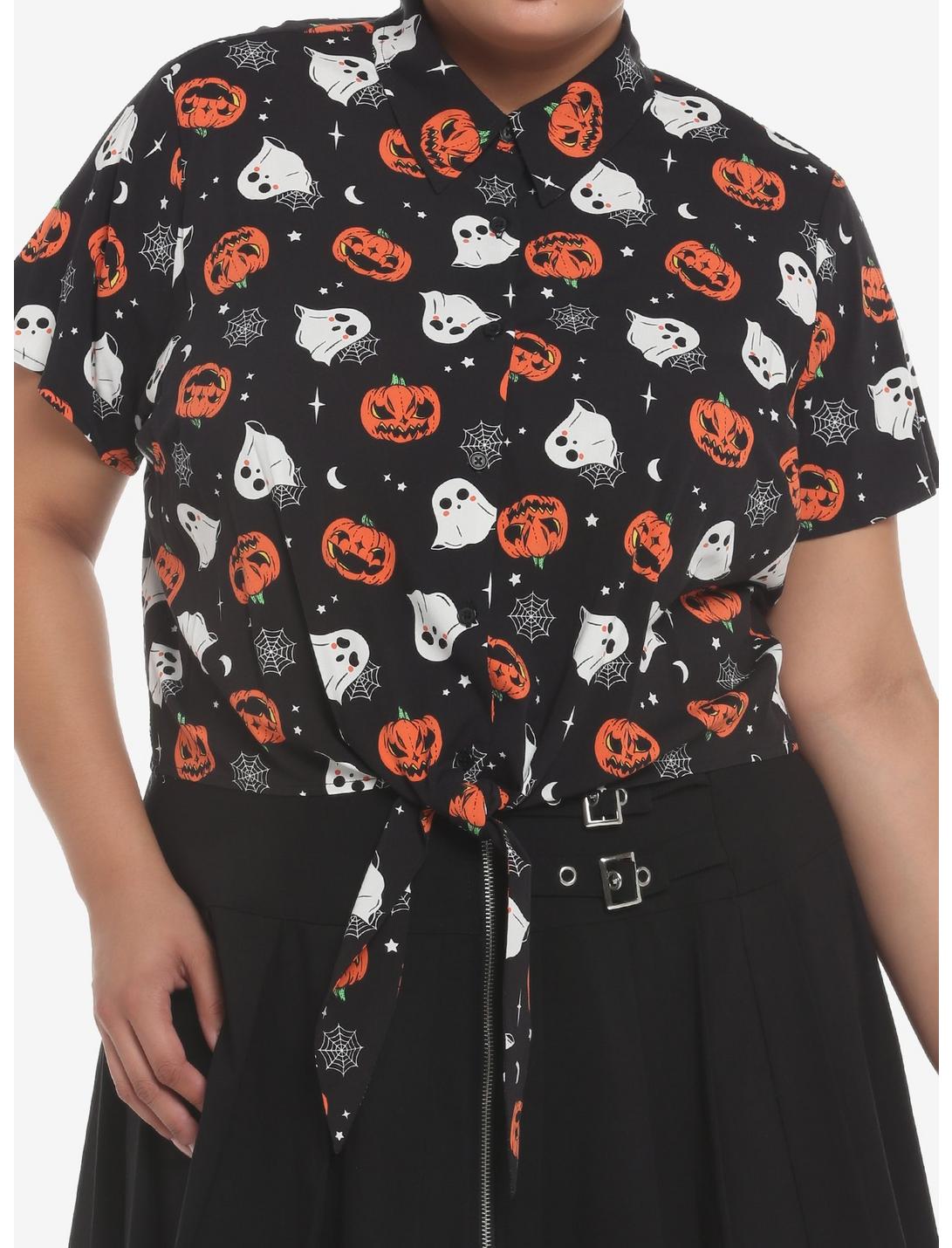 Ghosts & Jack-O'-Lanterns Tie-Front Woven Button-Up Plus Size, MULTI, hi-res