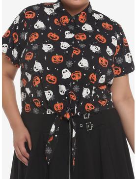 Ghosts & Jack-O'-Lanterns Tie-Front Woven Button-Up Plus Size, , hi-res
