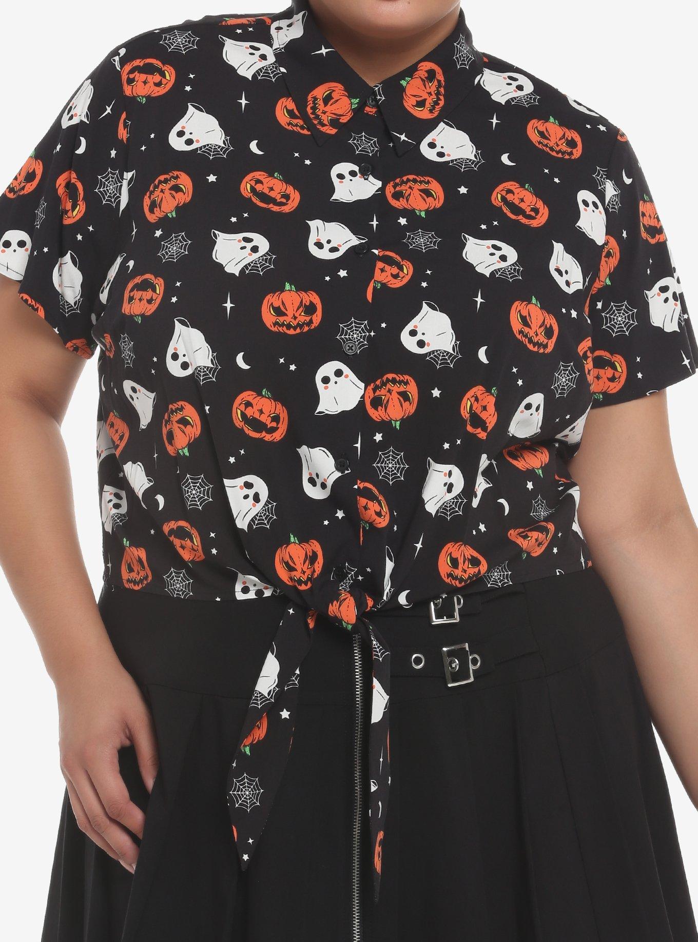 Ghosts & Jack-O'-Lanterns Tie-Front Woven Button-Up Plus Size, MULTI, hi-res