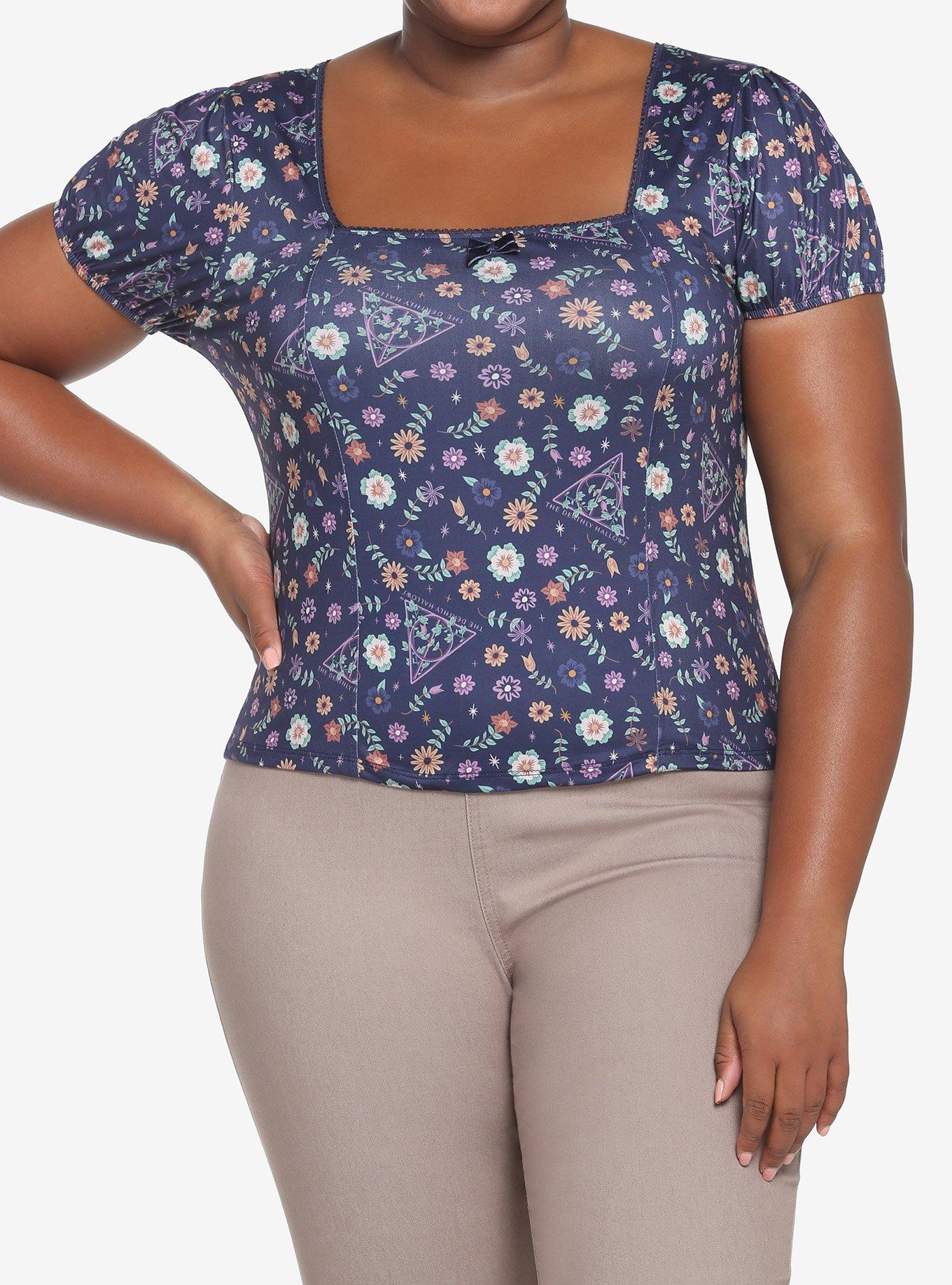 Harry Potter Deathly Hallows Floral Square Neck Top Plus Size, MULTI, hi-res