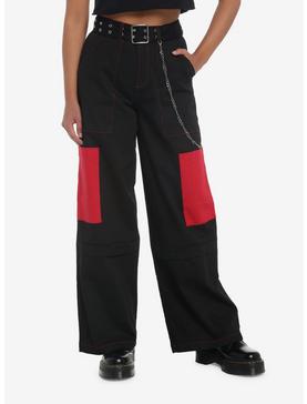 Black & Red Pocket Wide Leg Girls Cargo Pants, , hi-res