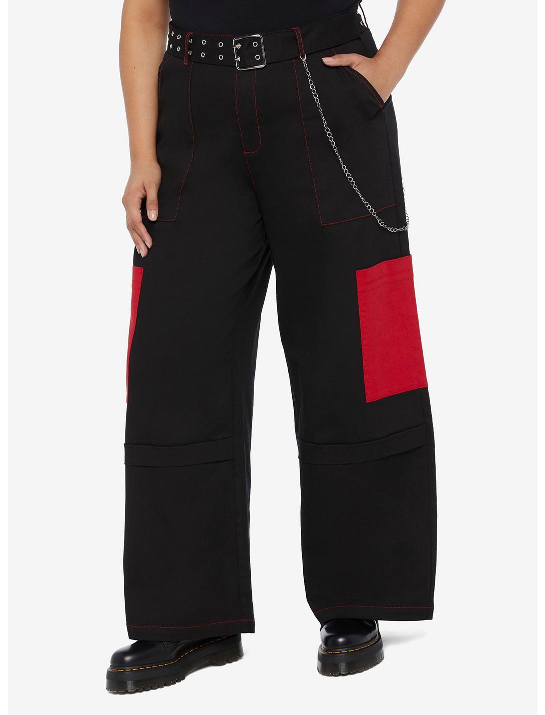 Black & Red Straight Leg Cargo Pants Plus Size, BLACK, hi-res