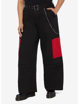 Black & Red Straight Leg Cargo Pants Plus Size, , hi-res