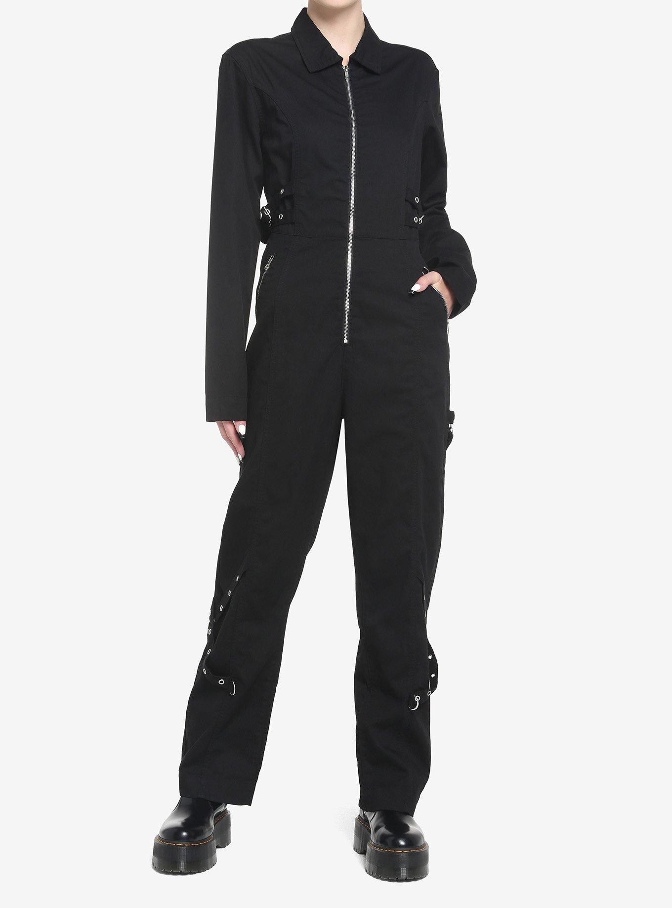 Black Grommet Long-Sleeve Jumpsuit, BLACK, hi-res